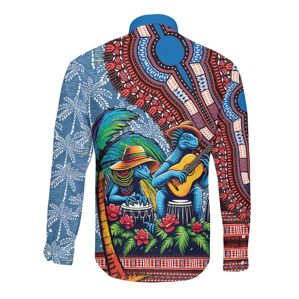 Afro-Caribbean Long Sleeve Button Shirt African Dashiki Style with Caribbean Music with Blue Iguanas - African Pride