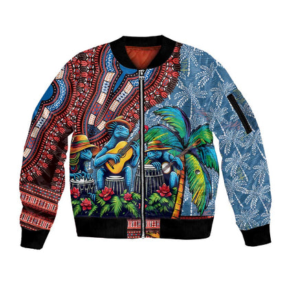 Afro-Caribbean Sleeve Zip Bomber Jacket African Dashiki Style with Caribbean Music with Blue Iguanas - African Pride