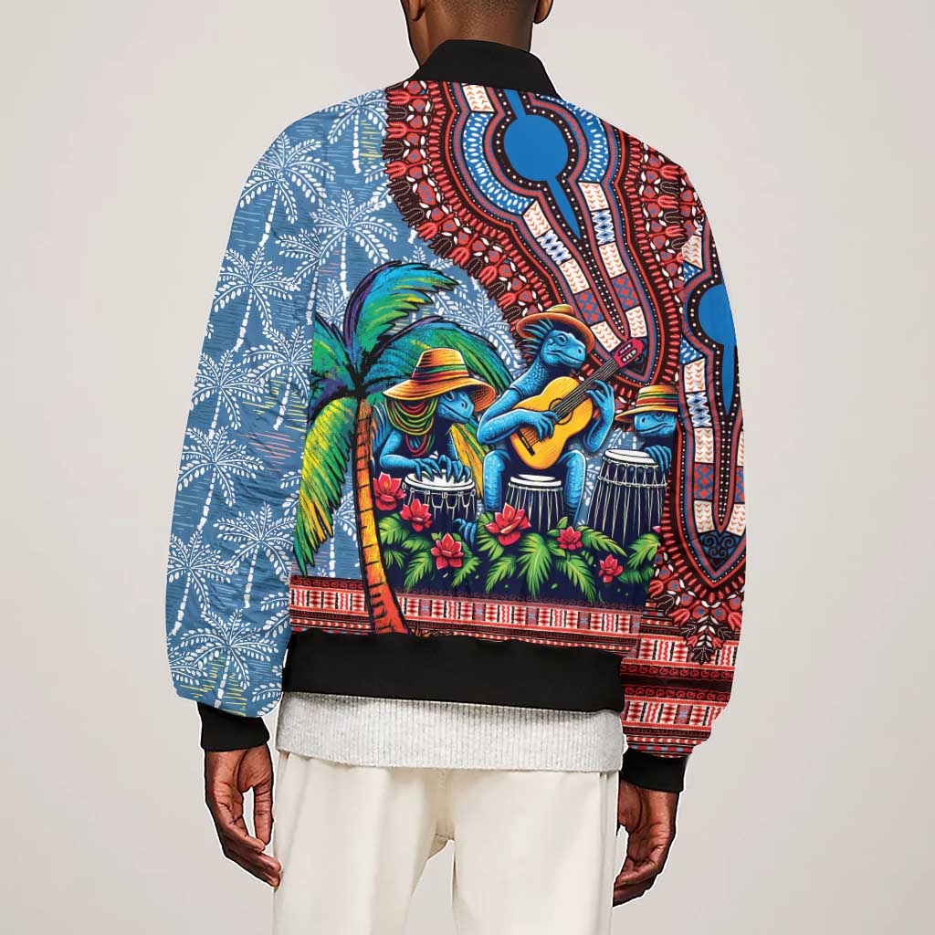 Afro-Caribbean Sleeve Zip Bomber Jacket African Dashiki Style with Caribbean Music with Blue Iguanas - African Pride