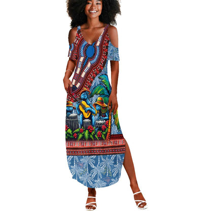 Afro-Caribbean Summer Maxi Dress African Dashiki Style with Caribbean Music with Blue Iguanas - African Pride