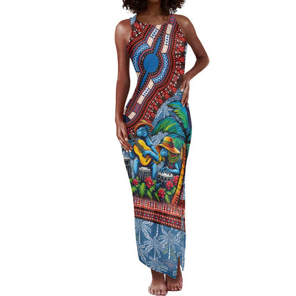 Afro-Caribbean Tank Maxi Dress African Dashiki Style with Caribbean Music with Blue Iguanas - African Pride
