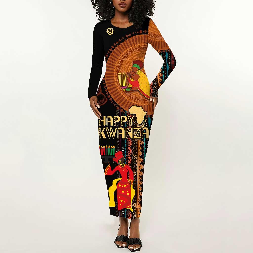 Happy Kwanzaa African Long Sleeve Bodycon Dress - Tribal Pattern