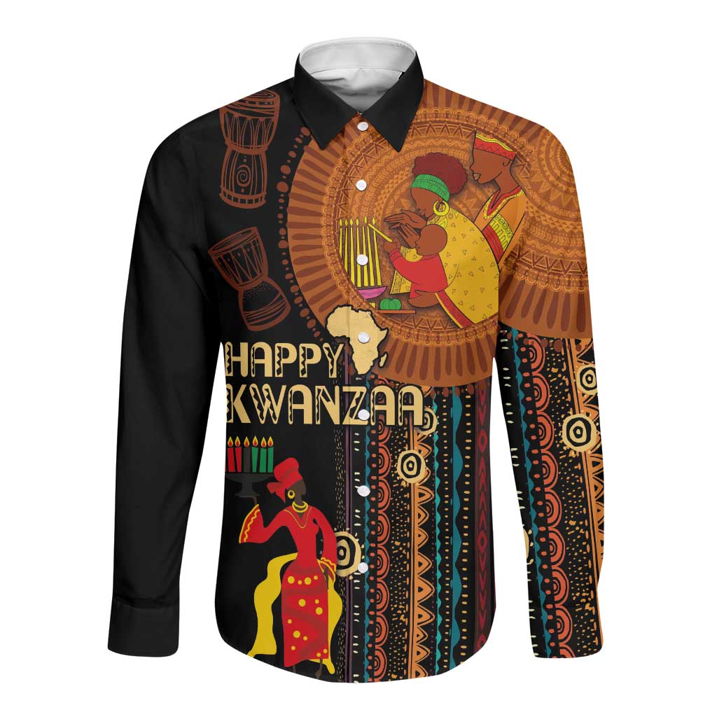 Happy Kwanzaa African Long Sleeve Button Shirt - Tribal Pattern