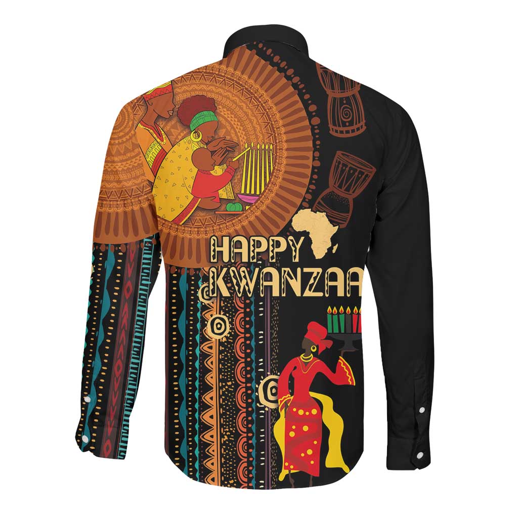 Happy Kwanzaa African Long Sleeve Button Shirt - Tribal Pattern