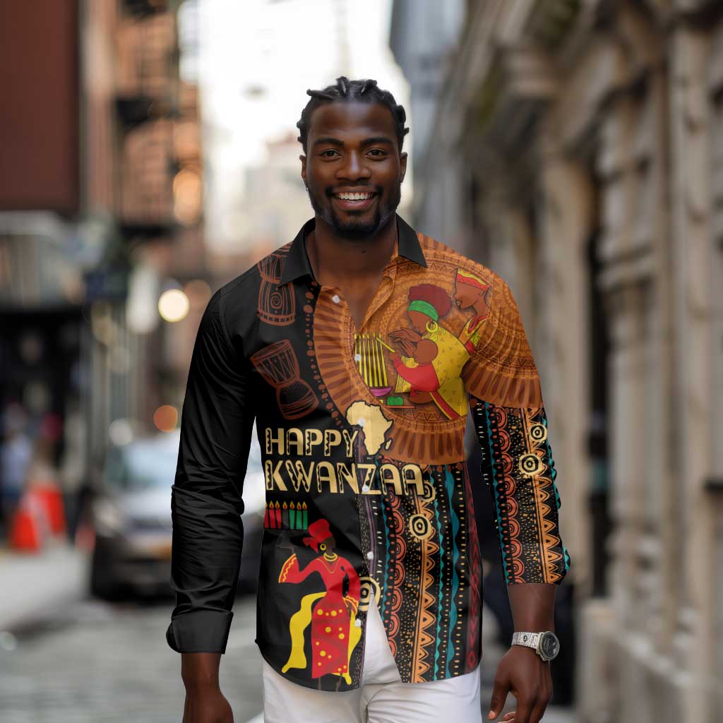 Happy Kwanzaa African Long Sleeve Button Shirt - Tribal Pattern