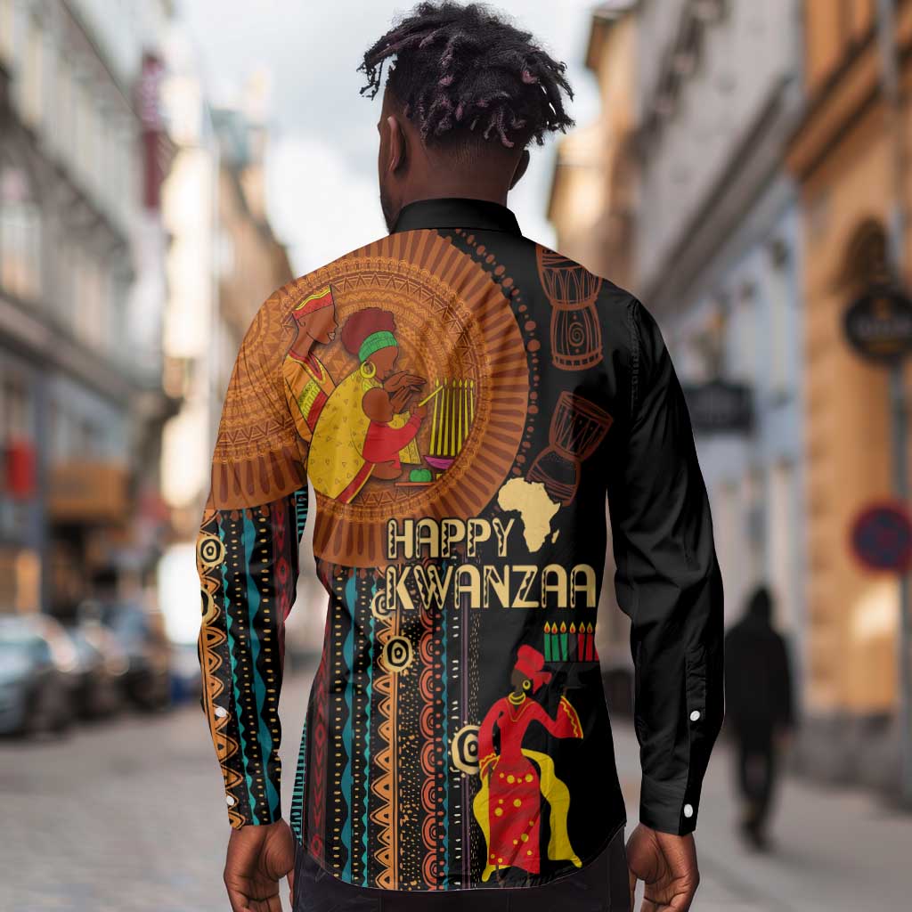 Happy Kwanzaa African Long Sleeve Button Shirt - Tribal Pattern