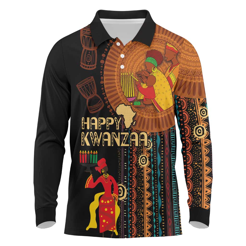 Happy Kwanzaa African Long Sleeve Polo Shirt - Tribal Pattern