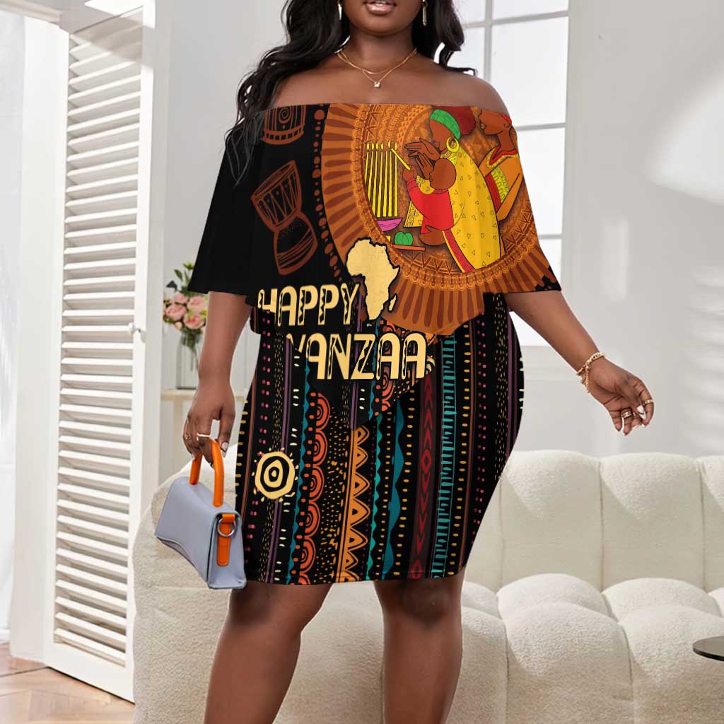 Happy Kwanzaa African Off Shoulder Short Dress - Tribal Pattern