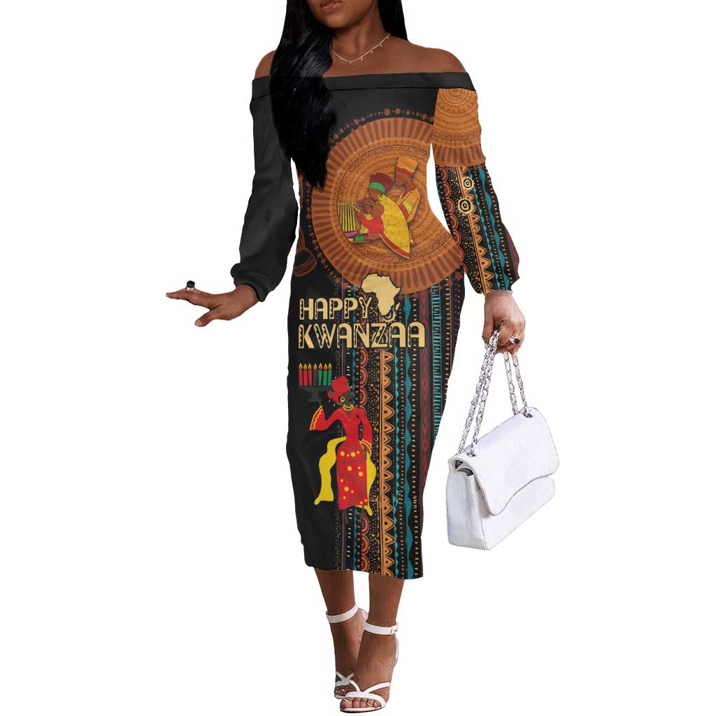 Happy Kwanzaa African Off The Shoulder Long Sleeve Dress - Tribal Pattern