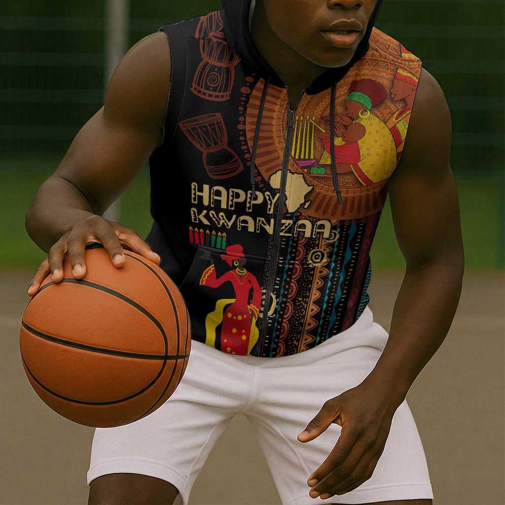 Happy Kwanzaa African Sleeveless Zip Hoodie - Tribal Pattern - African Pride