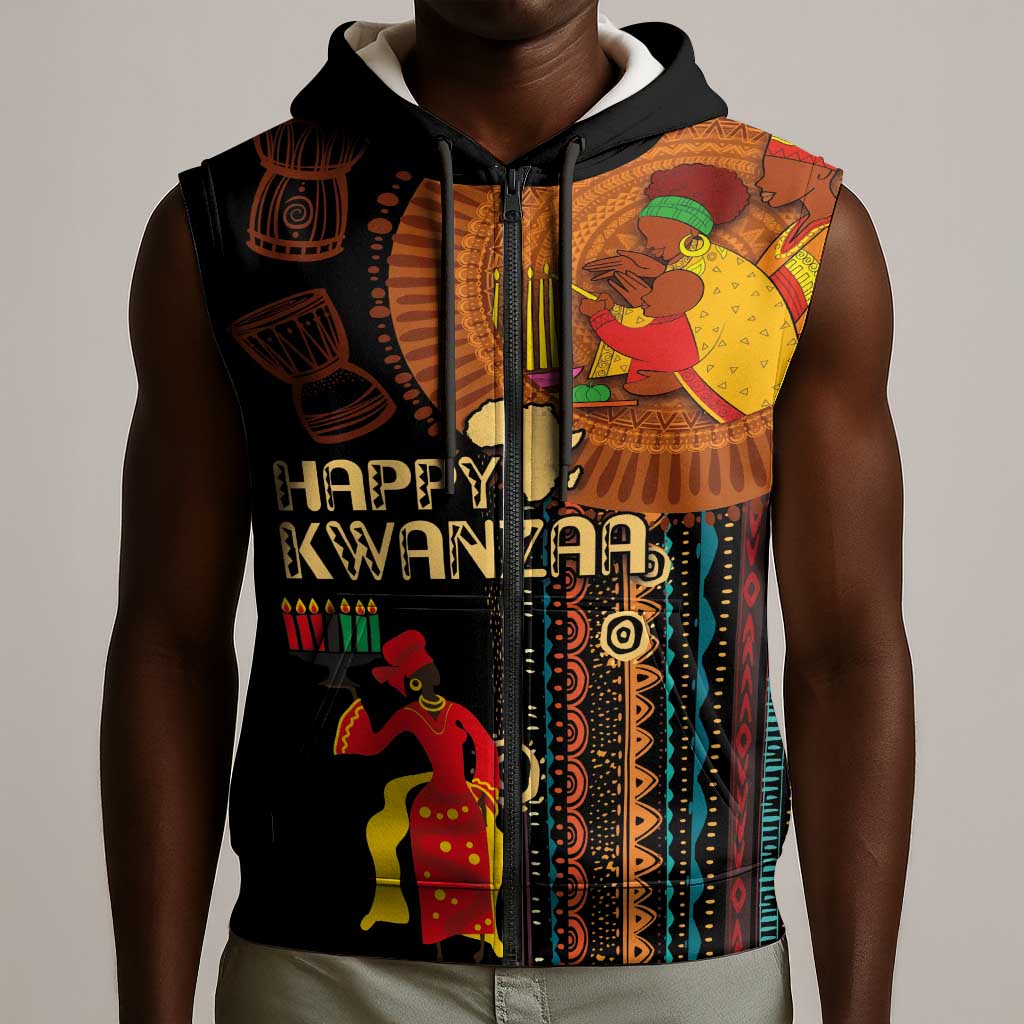 Happy Kwanzaa African Sleeveless Zip Hoodie - Tribal Pattern - African Pride