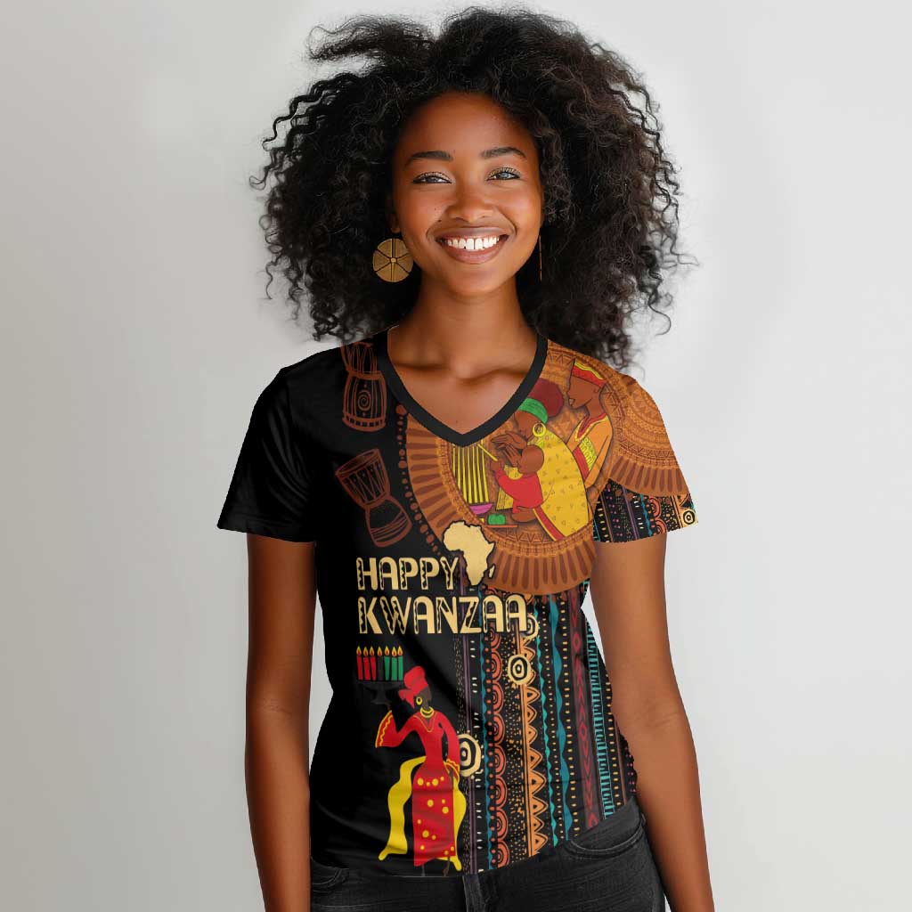 Happy Kwanzaa African Women V-Neck T-Shirt - Tribal Pattern