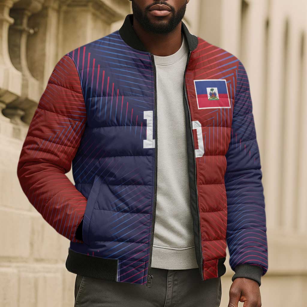 Custom Haiti National Football Bomber Puffer Jacket Red Blue The Half Sporty Design - African Pride