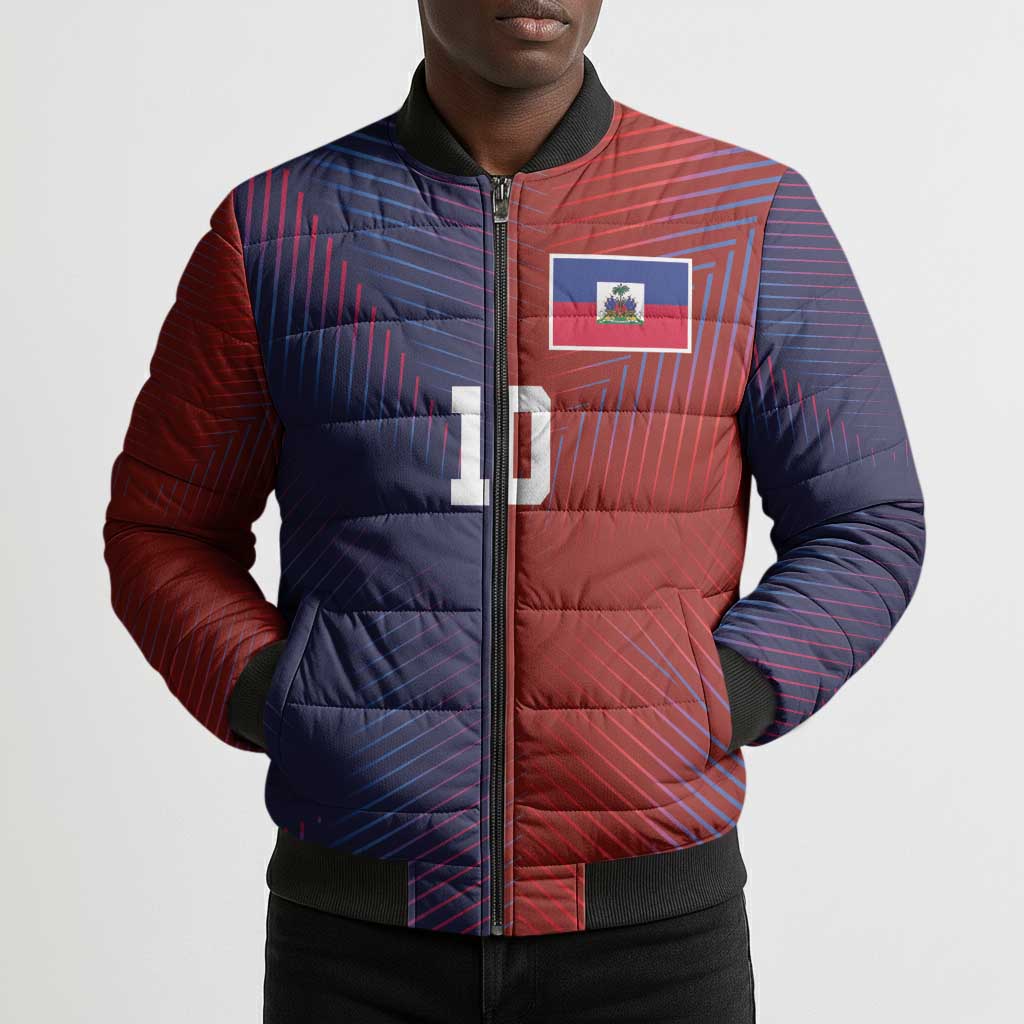 Custom Haiti National Football Bomber Puffer Jacket Red Blue The Half Sporty Design - African Pride
