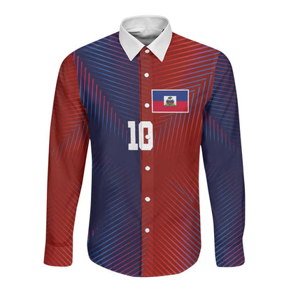 Custom Haiti National Football Long Sleeve Button Shirt Red Blue The Half Sporty Design - African Pride