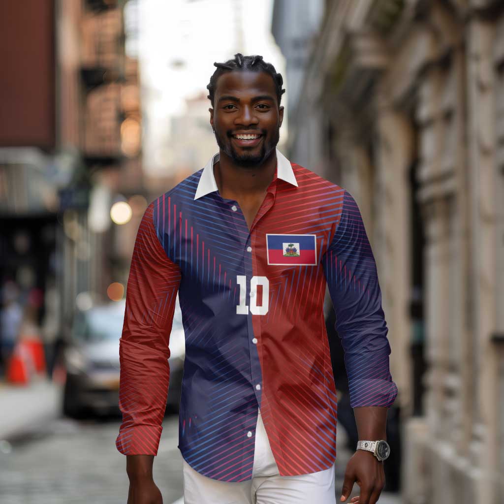 Custom Haiti National Football Long Sleeve Button Shirt Red Blue The Half Sporty Design - African Pride