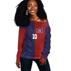 Custom Haiti National Football Off Shoulder Sweater Red Blue The Half Sporty Design - African Pride