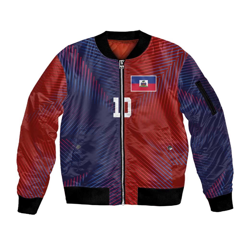 Custom Haiti National Football Sleeve Zip Bomber Jacket Red Blue The Half Sporty Design - African Pride