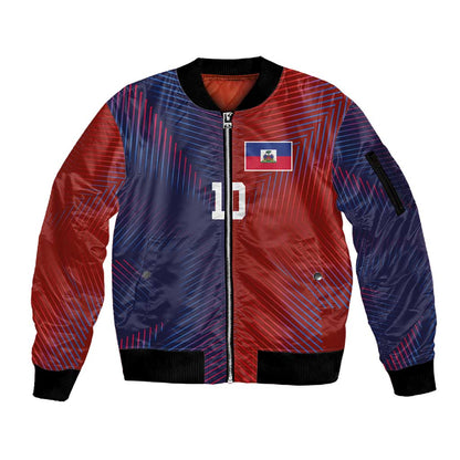 Custom Haiti National Football Sleeve Zip Bomber Jacket Red Blue The Half Sporty Design - African Pride