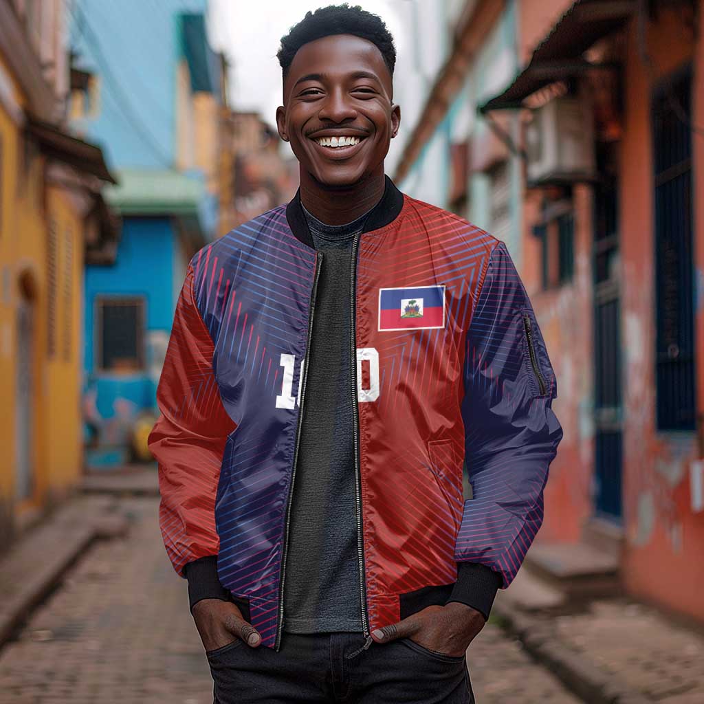 Custom Haiti National Football Sleeve Zip Bomber Jacket Red Blue The Half Sporty Design - African Pride