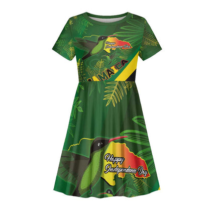 Afro Jamaica Independence Day Kid Short Sleeve Dress Swallow-tail Hummingbird with Tropical Plants - African Pride