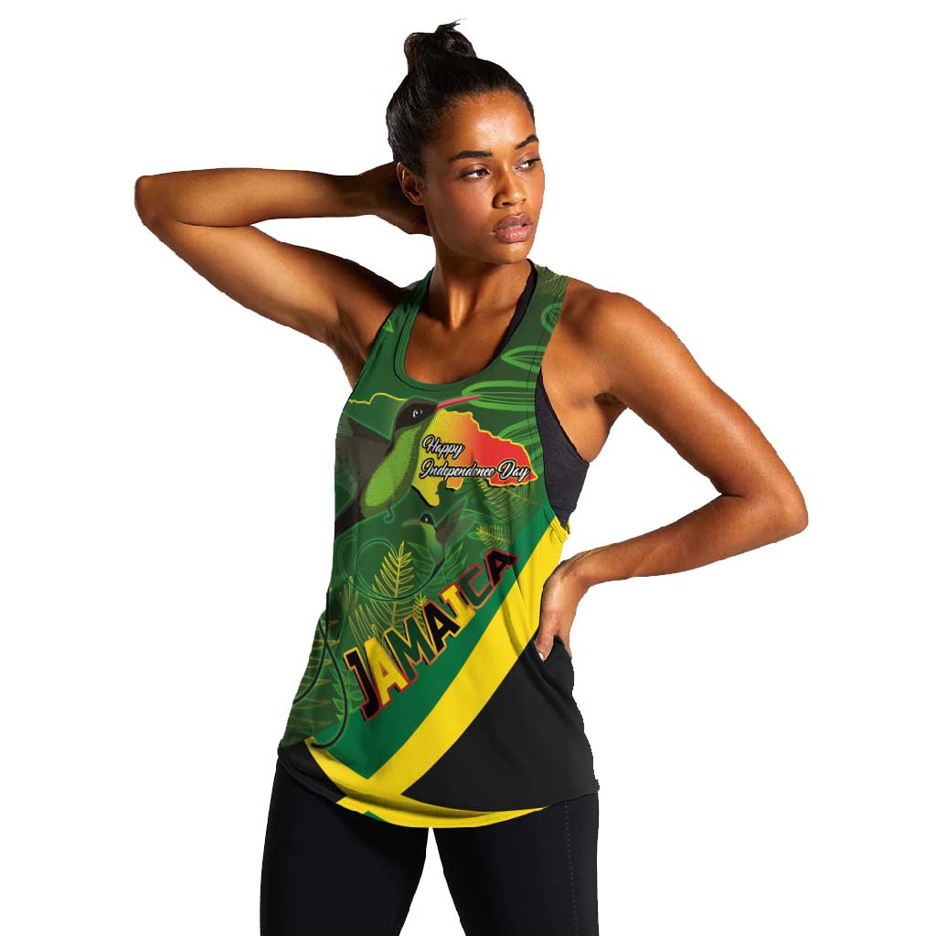 Afro Jamaica Independence Day Women Racerback Tank Swallow-tail Hummingbird with Tropical Plants - African Pride