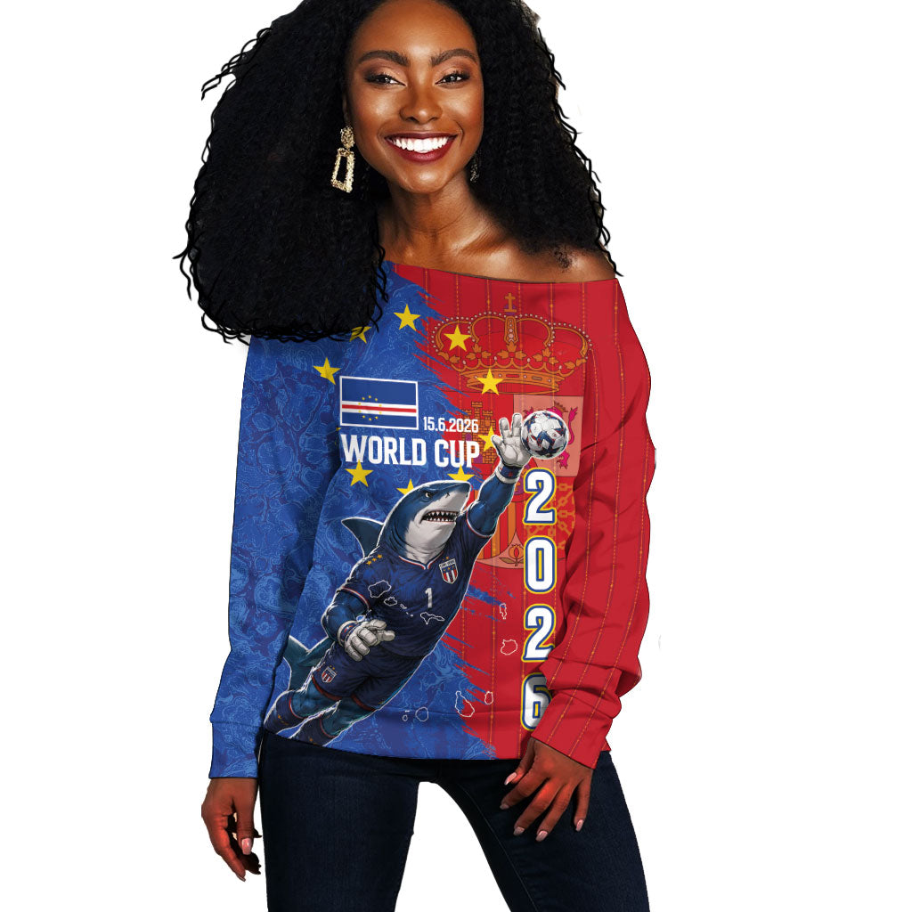 Custom Cape Verde Football 2026 Debut Off Shoulder Sweater Blue Sharks Stand Strong
