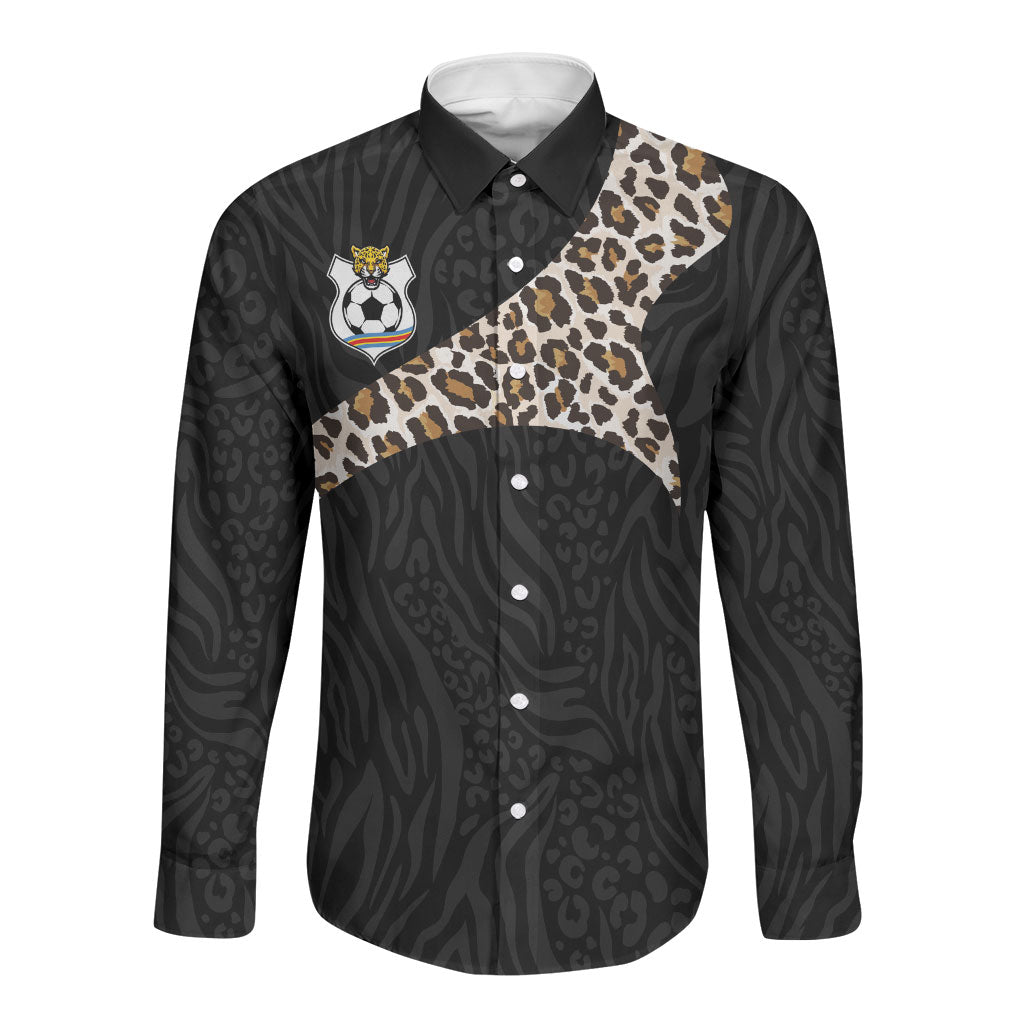 Custom DR Congo Football Long Sleeve Button Shirt Leopards Texture Wild Black