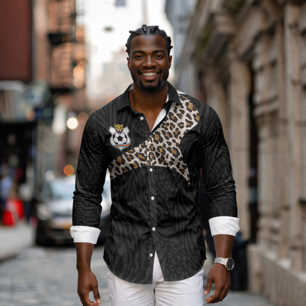 Custom DR Congo Football Long Sleeve Button Shirt Leopards Texture Wild Black