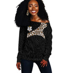 Custom DR Congo Football Off Shoulder Sweater Leopards Texture Wild Black