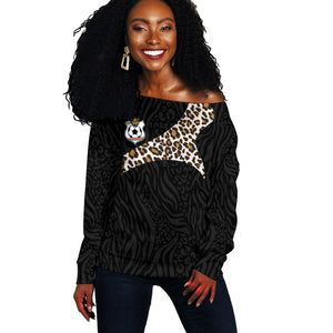 Custom DR Congo Football Off Shoulder Sweater Leopards Texture Wild Black