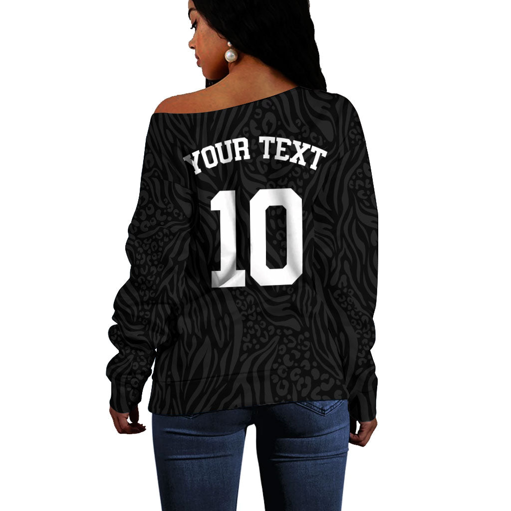 Custom DR Congo Football Off Shoulder Sweater Leopards Texture Wild Black