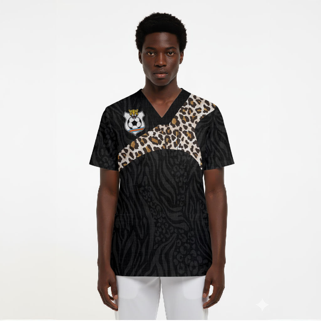 Custom DR Congo Football Scrub Top Leopards Texture Wild Black