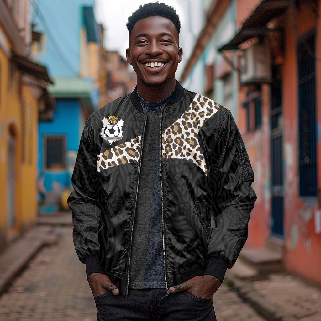 Custom DR Congo Football Sleeve Zip Bomber Jacket Leopards Texture Wild Black