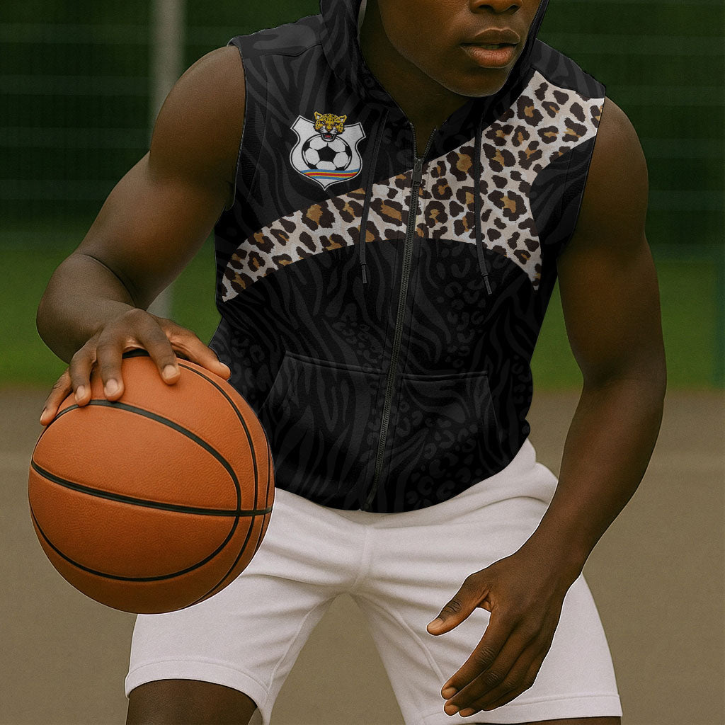 Custom DR Congo Football Sleeveless Zip Hoodie Leopards Texture Wild Black
