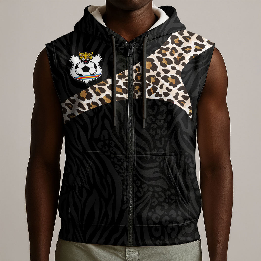 Custom DR Congo Football Sleeveless Zip Hoodie Leopards Texture Wild Black