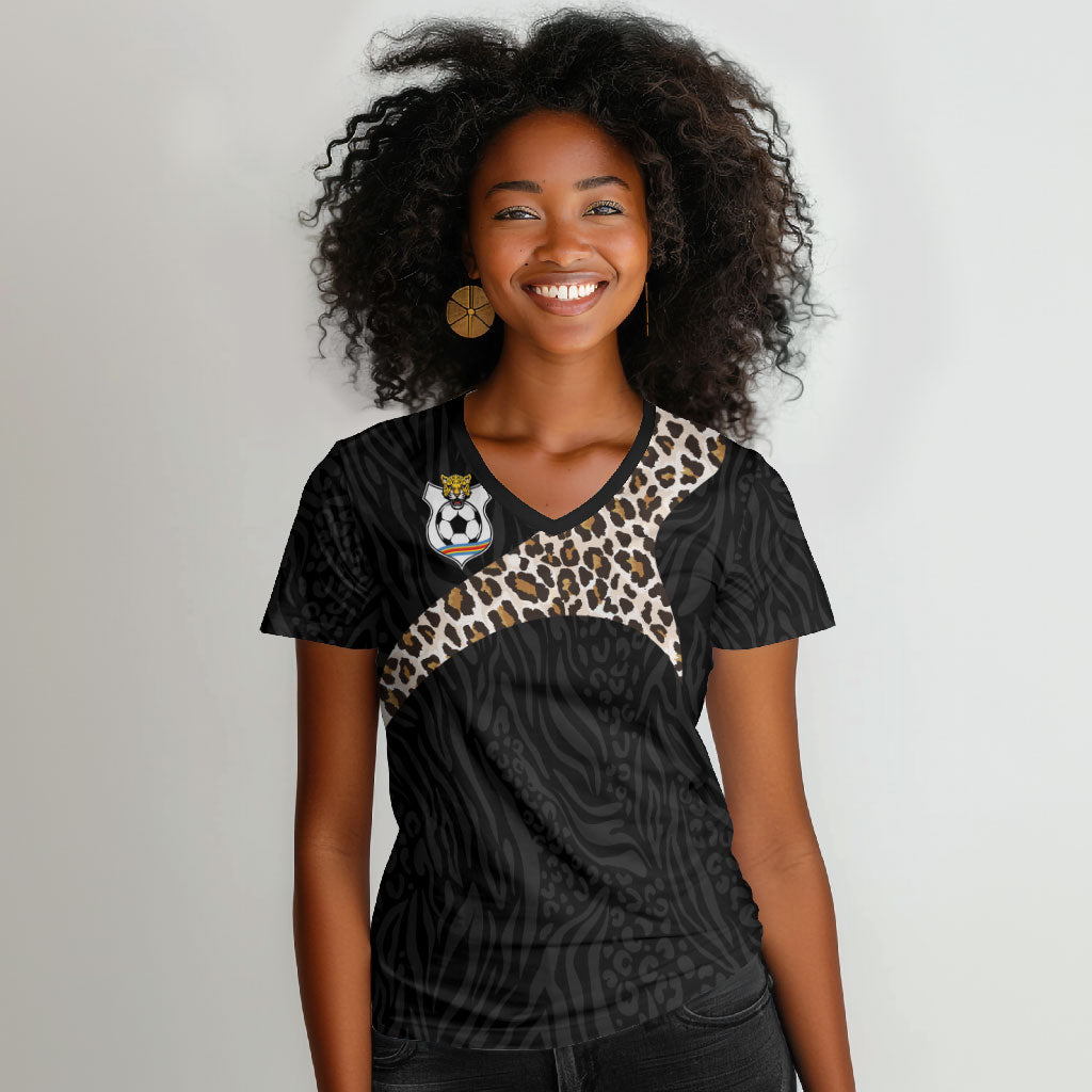 Custom DR Congo Football Women V-Neck T-Shirt Leopards Texture Wild Black