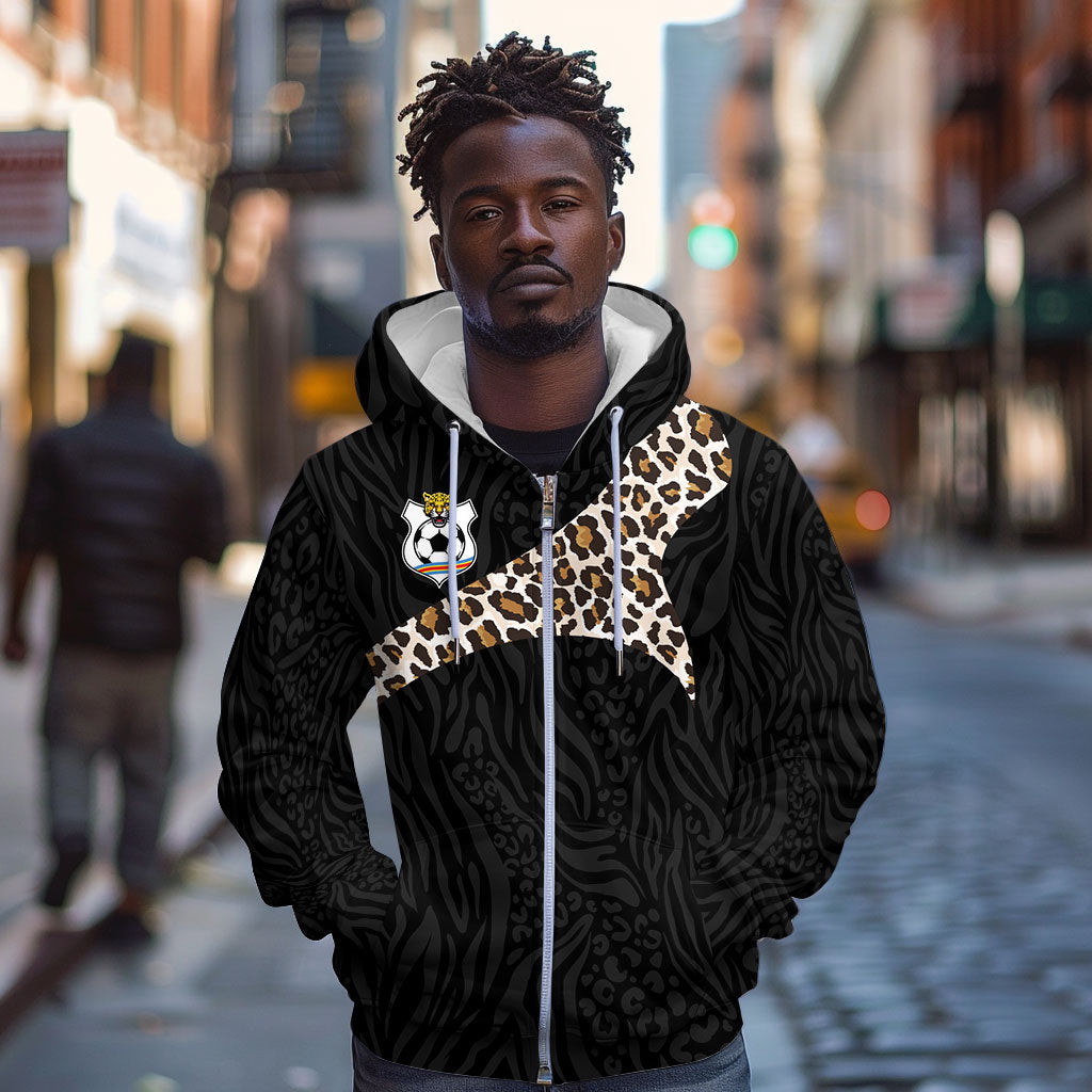 Custom DR Congo Football Zip Hoodie Leopards Texture Wild Black