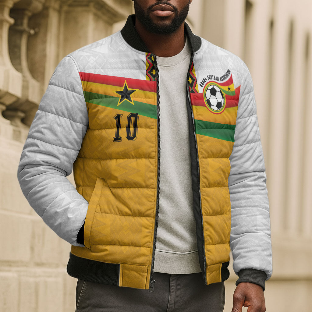 Custom Ghana Football Bomber Puffer Jacket Abstract Flag and Kente Pattern