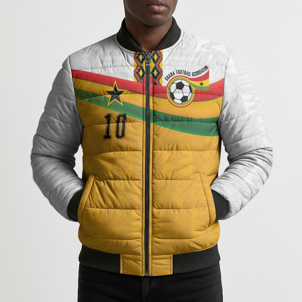 Custom Ghana Football Bomber Puffer Jacket Abstract Flag and Kente Pattern