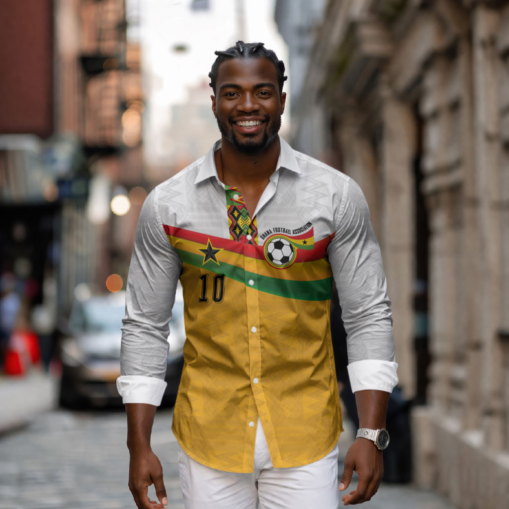 Custom Ghana Football Long Sleeve Button Shirt Abstract Flag and Kente Pattern
