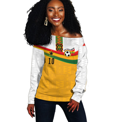 Custom Ghana Football Off Shoulder Sweater Abstract Flag and Kente Pattern