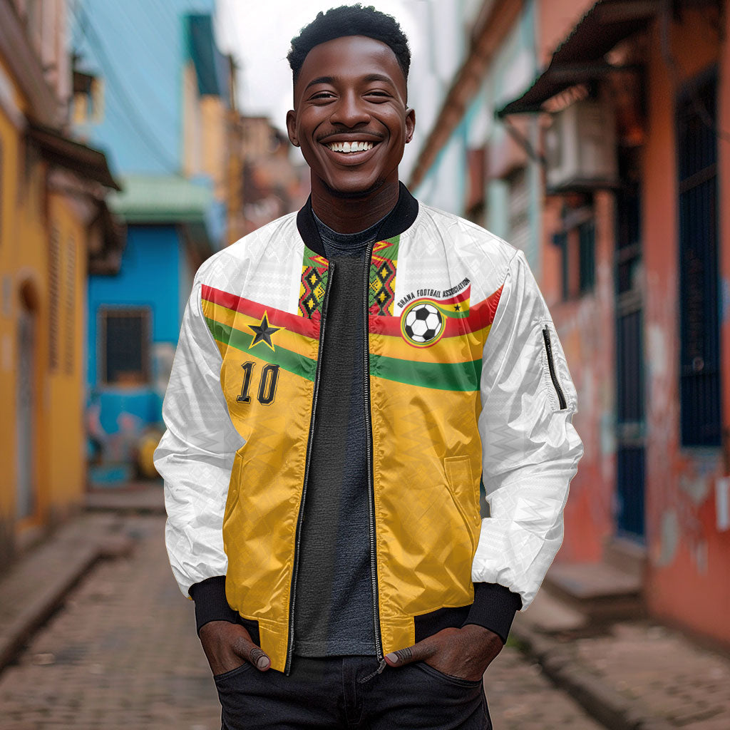 Custom Ghana Football Sleeve Zip Bomber Jacket Abstract Flag and Kente Pattern