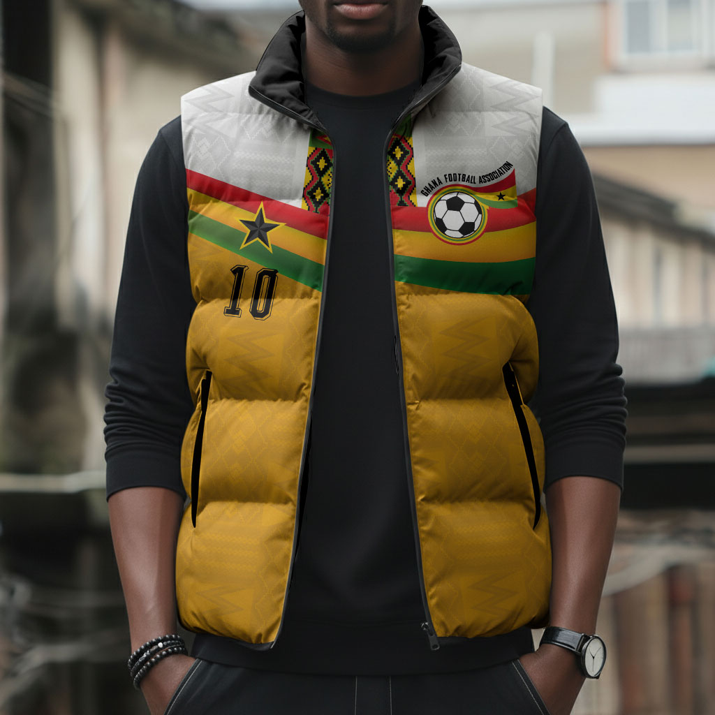 Custom Ghana Football Sleeveless Puffer Jacket Abstract Flag and Kente Pattern