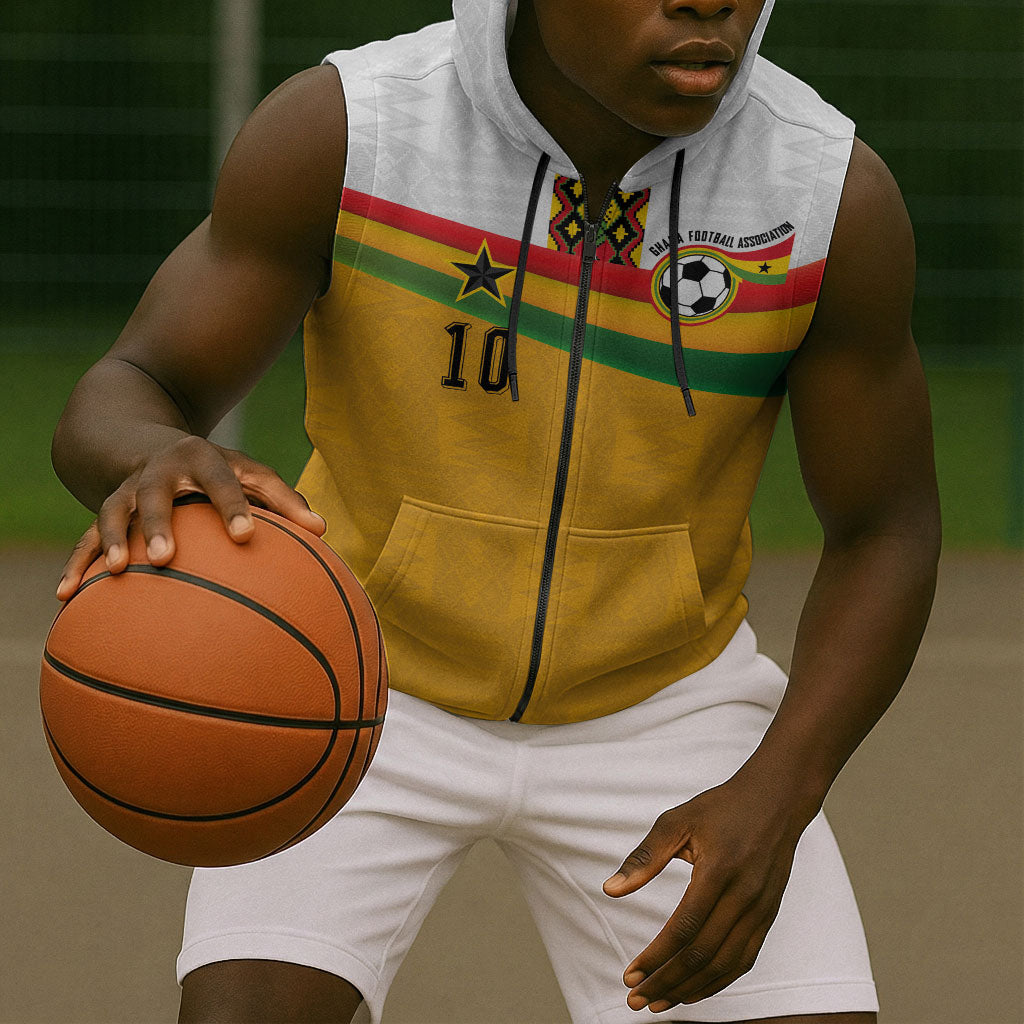 Custom Ghana Football Sleeveless Zip Hoodie Abstract Flag and Kente Pattern