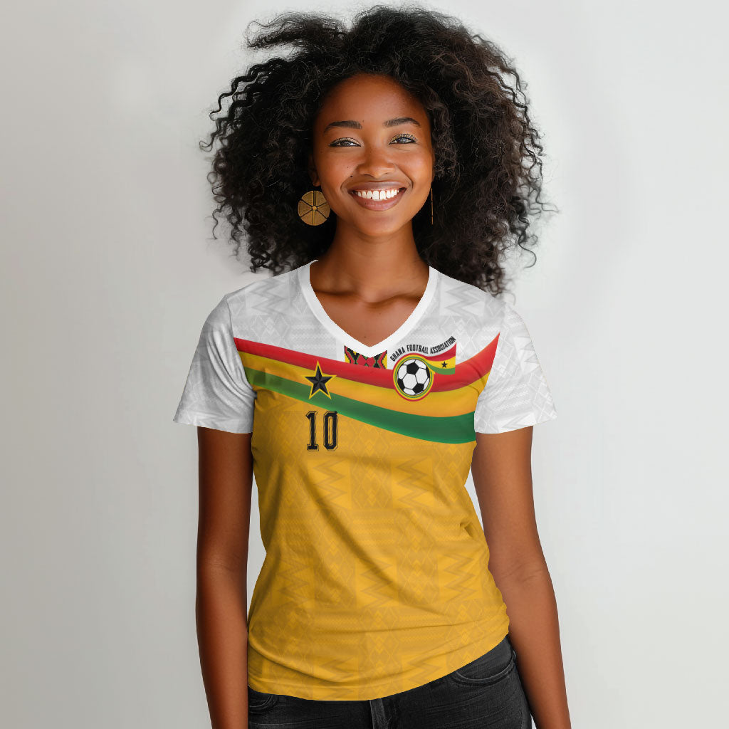 Custom Ghana Football Women V-Neck T-Shirt Abstract Flag and Kente Pattern