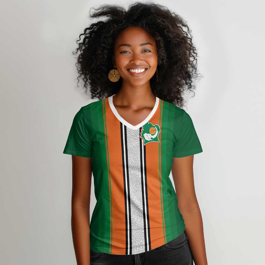 Custom Côte d'Ivoire National Football Women V-Neck T-Shirt Les Elephants-Sporty Stripes LT03