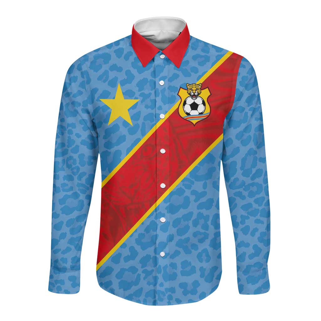 Custom DR Congo National Football Long Sleeve Button Shirt Leopards Go Glory - African Pride