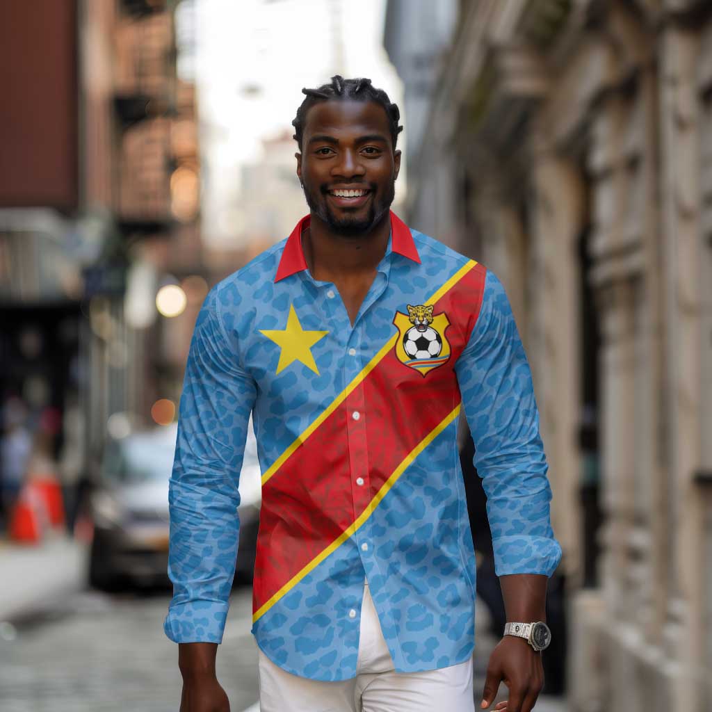 Custom DR Congo National Football Long Sleeve Button Shirt Leopards Go Glory - African Pride