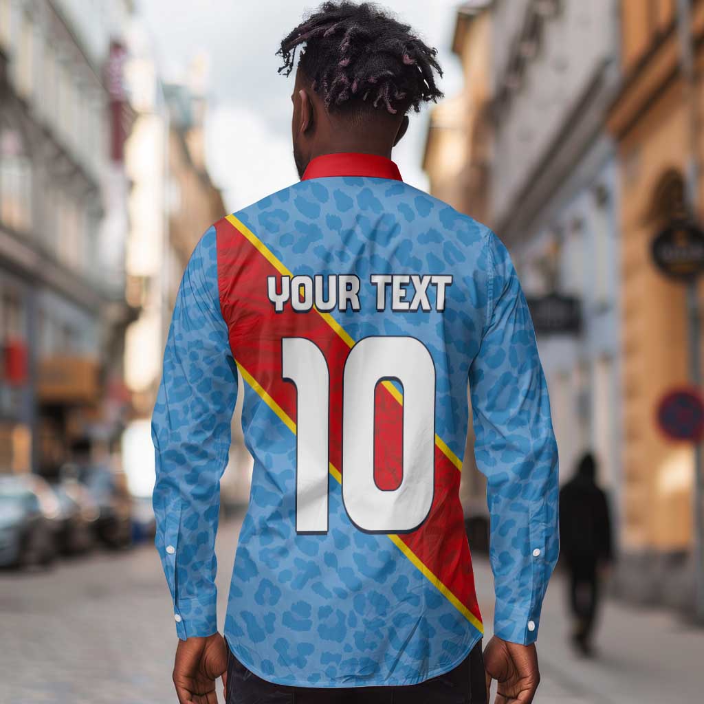 Custom DR Congo National Football Long Sleeve Button Shirt Leopards Go Glory - African Pride
